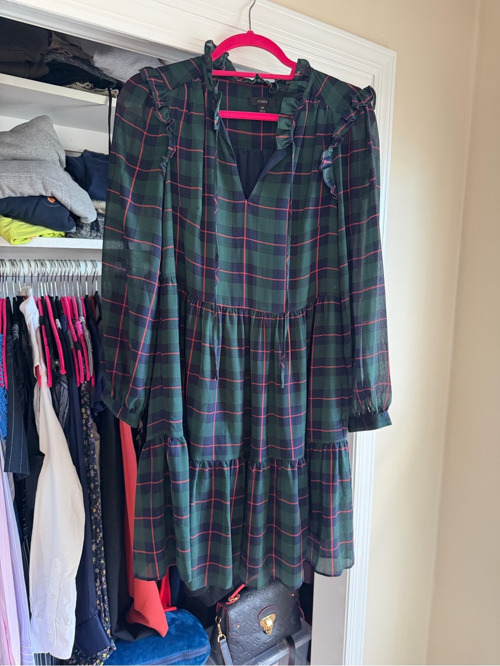 J. Crew Dark Green Plaid Ruffle Tiered Long-Sleeve Dress